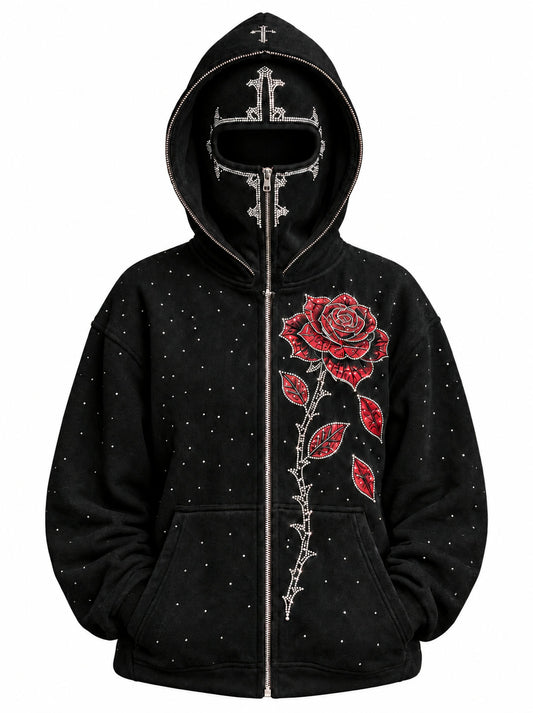UNBRAV DROP 01 ERLÖST Zip-Hoodie Schwarz mit geschlossener Balaclava und Strass-Kreuz